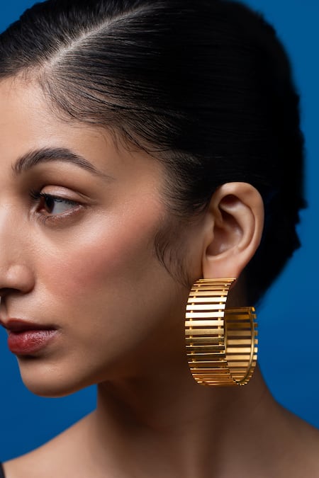 Ethnic Andaz_Gold Plated Striped Fence Hoop Earrings _Online_at_Aza_Fashions