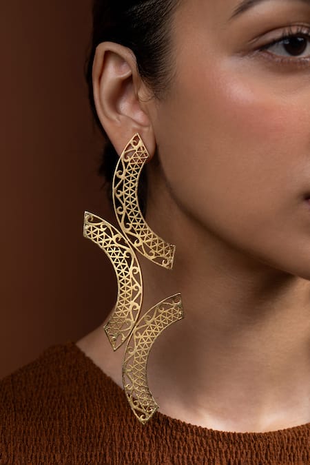 Ethnic Andaz_Gold Plated Kalchakra Lattice Semi-circle Earrings _Online_at_Aza_Fashions
