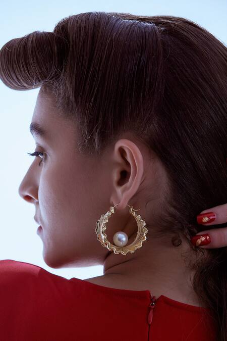 Ethnic Andaz_Gold Plated Pearls Oyster Carved Hoop Earrings _Online_at_Aza_Fashions