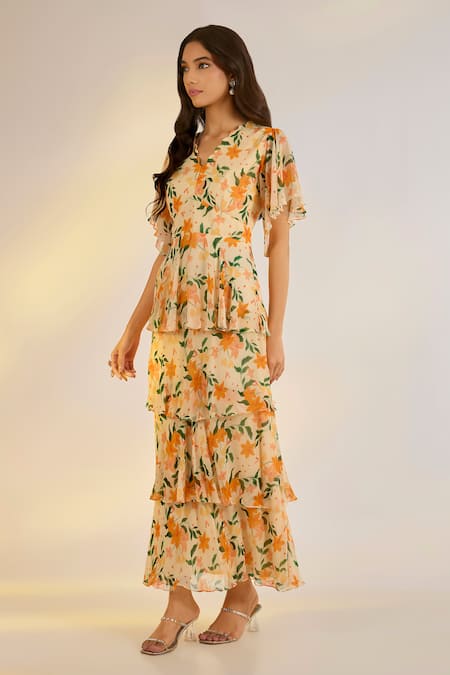 Ewoke_Cream Georgette V-neck Floral Maxi Dress _Online_at_Aza_Fashions