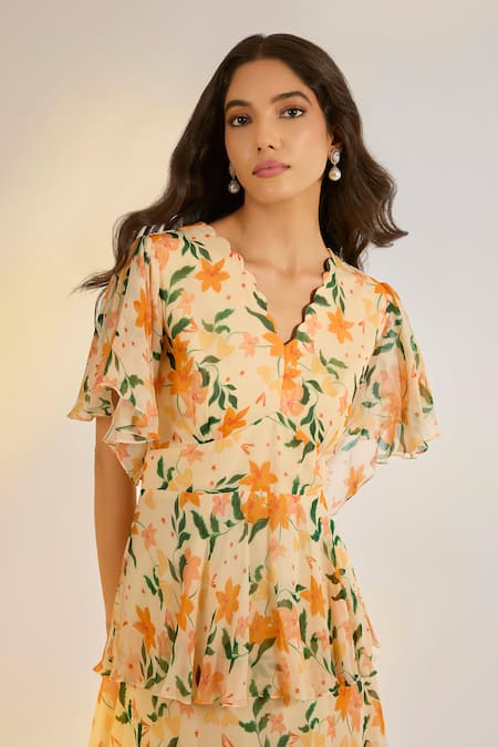 Buy_Ewoke_Cream Georgette V-neck Floral Maxi Dress _Online_at_Aza_Fashions