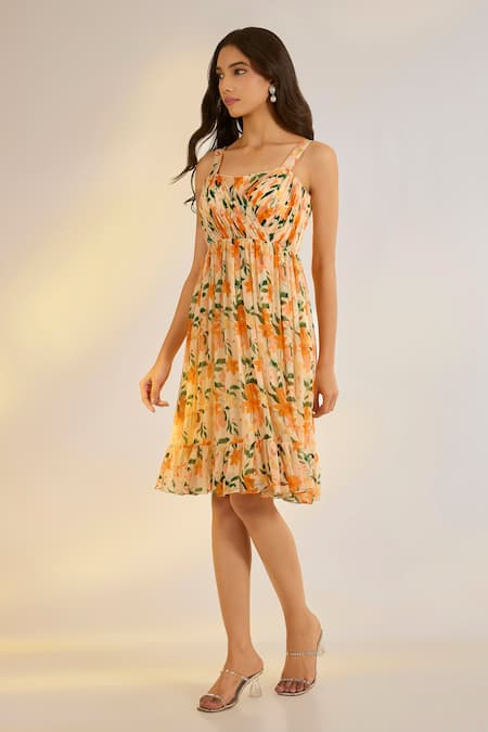 Ewoke_Yellow Georgette Square Neck Floral Print Sleeveless Dress _Online_at_Aza_Fashions