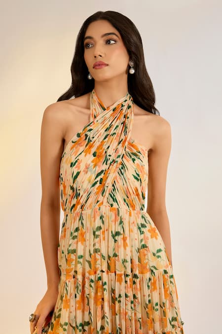 Ewoke_Yellow Georgette Halter Neck Floral Beach Dress _Online_at_Aza_Fashions