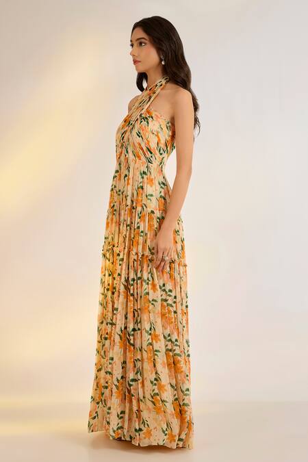 Buy_Ewoke_Yellow Georgette Halter Neck Floral Beach Dress _Online_at_Aza_Fashions
