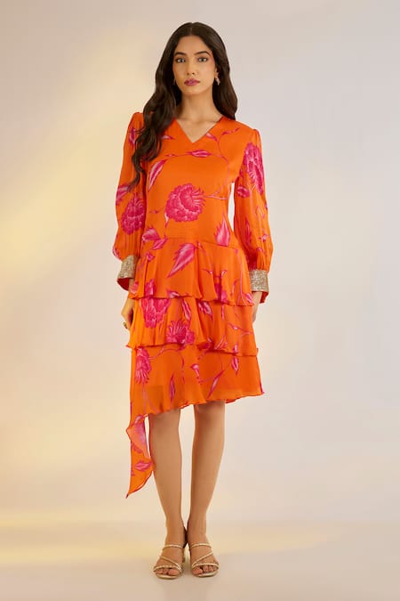Ewoke_Orange Georgette, Satin V-neck Floral Print Layered Dress _Online_at_Aza_Fashions