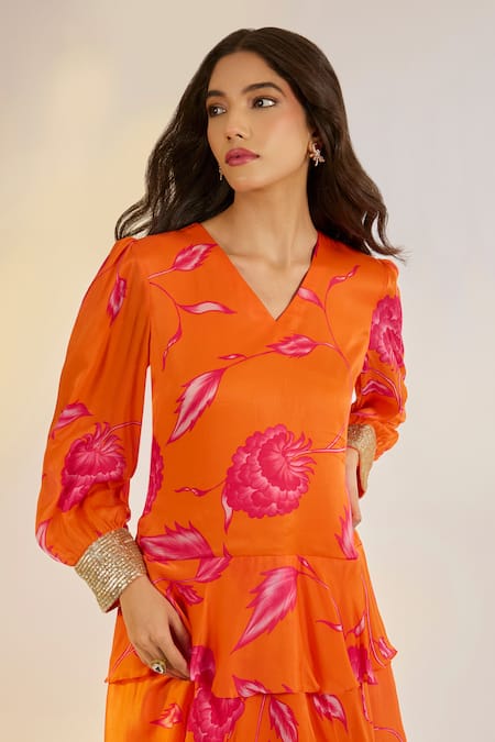 Buy_Ewoke_Orange Georgette, Satin V-neck Floral Print Layered Dress _Online_at_Aza_Fashions