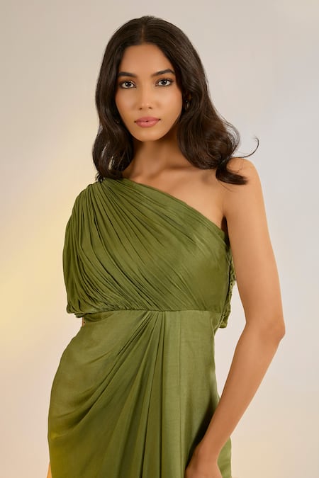 Ewoke_Green Georgette, Satin Beads, Pearls, Embroidery One Shoulder Cowl Draped Dress _Online_at_Aza_Fashions