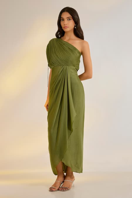 Buy_Ewoke_Green Georgette, Satin Beads, Pearls, Embroidery One Shoulder Cowl Draped Dress _Online_at_Aza_Fashions