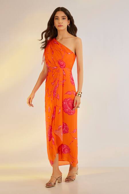 Ewoke_Orange Georgette, Satin One Shoulder Printed Cowl Draped Dress _Online_at_Aza_Fashions