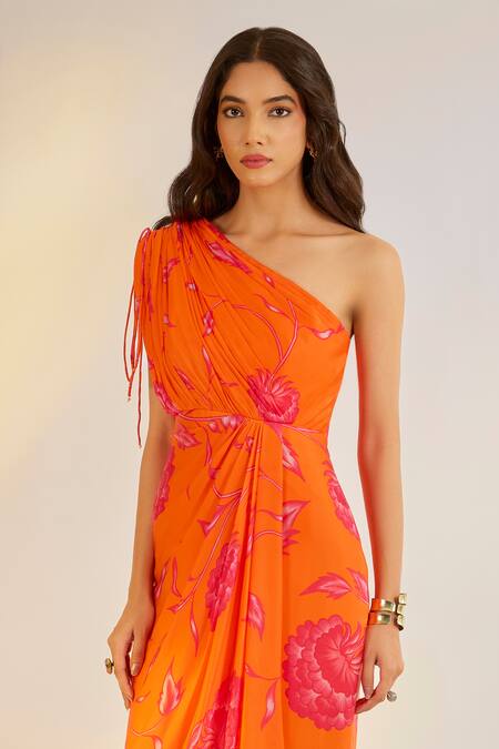 Buy_Ewoke_Orange Georgette, Satin One Shoulder Printed Cowl Draped Dress _Online_at_Aza_Fashions