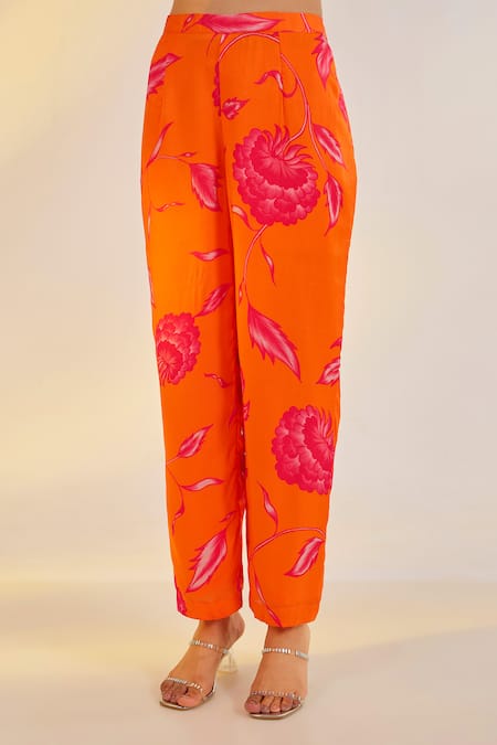 Ewoke_Orange Georgette, Satin Embroidery, Beads, Pearls Floral Print Kurta And Pant Set _Online_at_Aza_Fashions