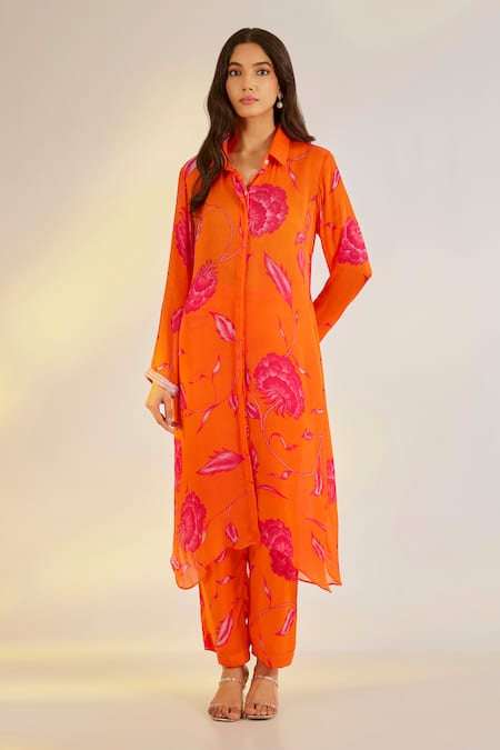 Buy_Ewoke_Orange Georgette, Satin Embroidery, Beads, Pearls Floral Print Kurta And Pant Set _Online_at_Aza_Fashions