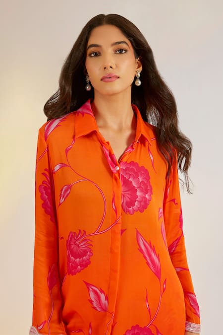 Shop_Ewoke_Orange Georgette, Satin Embroidery, Beads, Pearls Floral Print Kurta And Pant Set _Online_at_Aza_Fashions