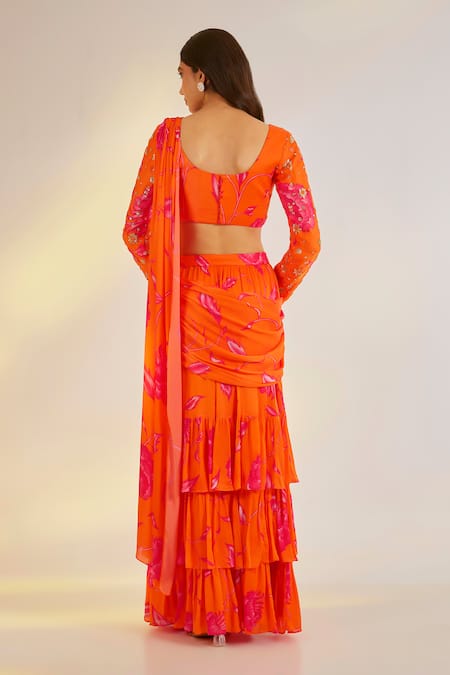 Ewoke Orange Ruffle Lehenga Saree With Blouse 