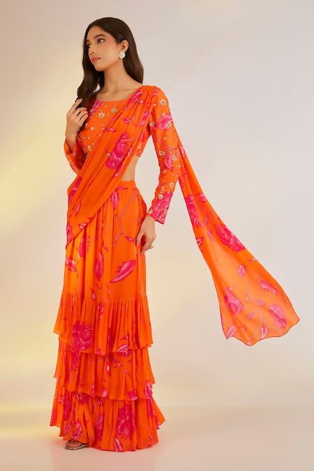 Ewoke_Orange Georgette, Satin Embroidery, Sequins, Ruffle Lehenga Saree With Blouse _Online_at_Aza_Fashions