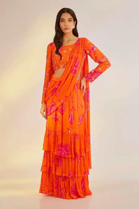 Ewoke Orange Ruffle Lehenga Saree With Blouse 