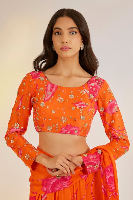 Shop_Ewoke_Orange Georgette, Satin Embroidery, Sequins, Ruffle Lehenga Saree With Blouse _Online_at_Aza_Fashions