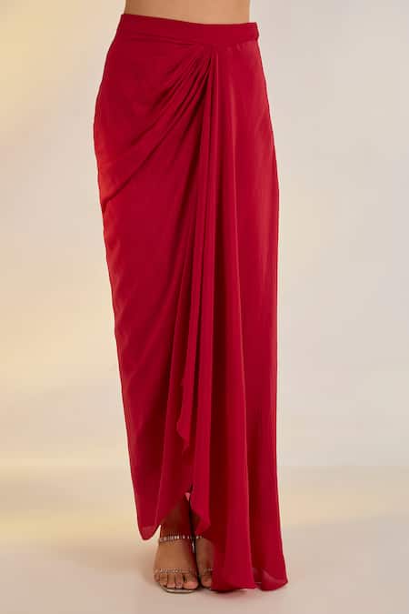 Ewoke_Red Georgette, Crepe Embroidery, Beads, Crystals, Jacket With Draped Skirt _Online_at_Aza_Fashions