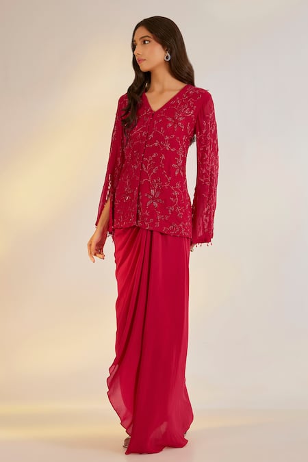 Shop_Ewoke_Red Georgette, Crepe Embroidery, Beads, Crystals, Jacket With Draped Skirt _Online_at_Aza_Fashions