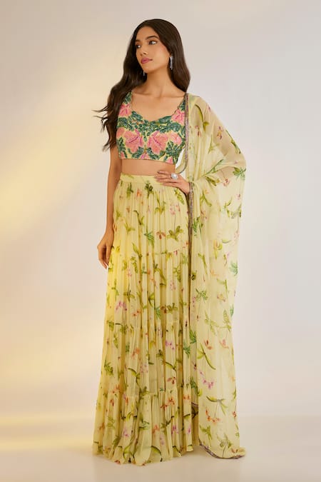 Buy_Ewoke_Multi Color Georgette Embroidery Square Neck Floral Pattern Lehenga Set _Online_at_Aza_Fashions