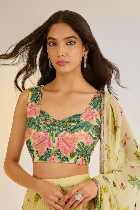 Shop_Ewoke_Multi Color Georgette Embroidery Square Neck Floral Pattern Lehenga Set _Online_at_Aza_Fashions