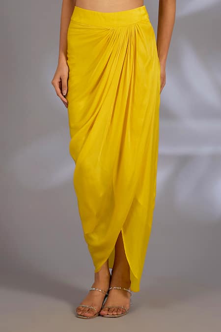 Ewoke_Yellow Georgette, Satin Pearls, Embroidery Sweetheart Neck, Cuff Cape Skirt Set _Online_at_Aza_Fashions