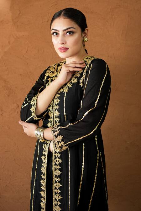 Buy Gulabo Jaipur Black Silk Embroidery V-neck Hand Work Kurta And Pant Set Online at Aza Fashions Buy_Gulabo Jaipur_Black Silk Embroidery V-neck Hand Work Kurta And Pant Set _Online_at_Aza_Fashions