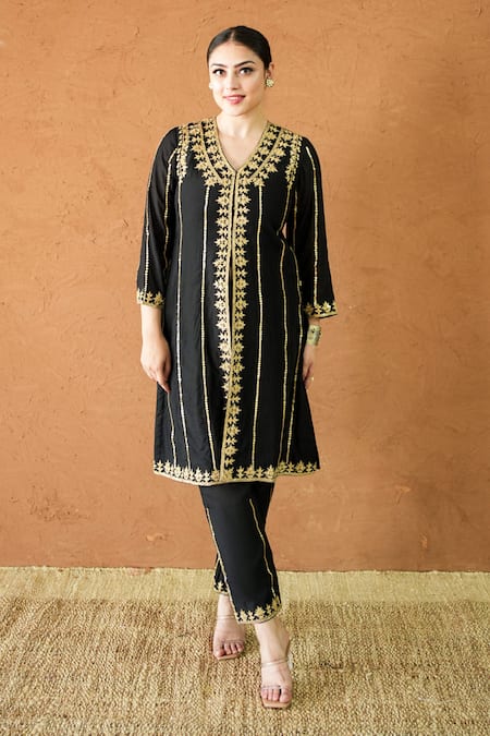 Gulabo Jaipur Black Silk Embroidery V-neck Hand Work Kurta And Pant Set 