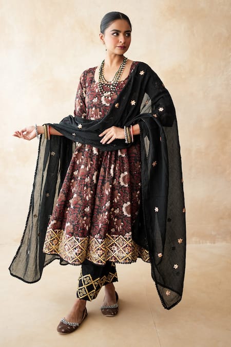 Gulabo Jaipur_Brown Silk Embroidery, Sequins Round Neck Printed Anarkali, Pant And Dupatta Set _Online_at_Aza_Fashions