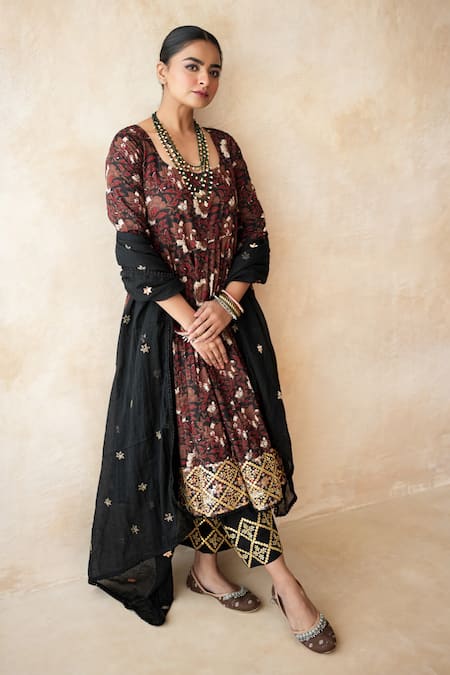 Buy_Gulabo Jaipur_Brown Silk Embroidery, Sequins Round Neck Printed Anarkali, Pant And Dupatta Set _Online_at_Aza_Fashions