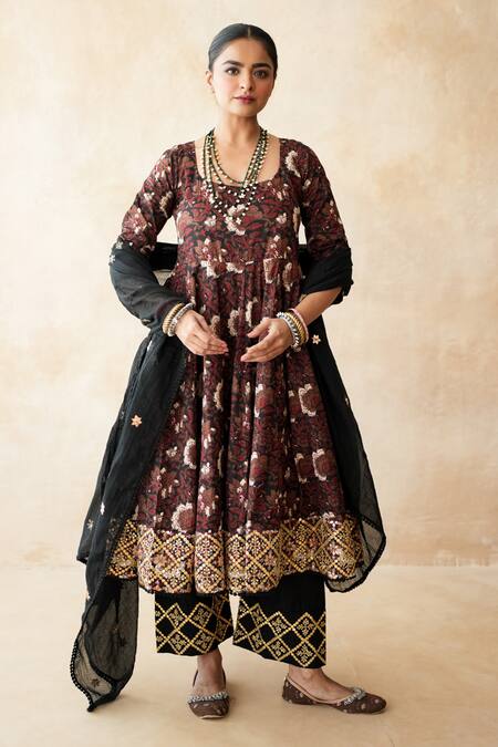 Shop_Gulabo Jaipur_Brown Silk Embroidery, Sequins Round Neck Printed Anarkali, Pant And Dupatta Set _Online_at_Aza_Fashions