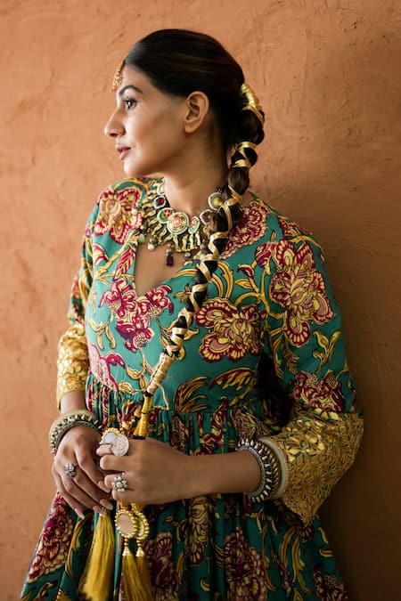 Gulabo Jaipur Green Silk Mirrors, Tassels V-neck Budur Floral Print Anarkali And Pant Set Online at Aza Fashions Gulabo Jaipur_Green Silk Mirrors, Tassels V-neck Budur Floral Print Anarkali And Pant Set _Online_at_Aza_Fashions