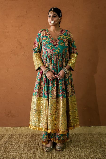 Gulabo Jaipur Green Silk Mirrors, Tassels V-neck Budur Floral Print Anarkali And Pant Set 