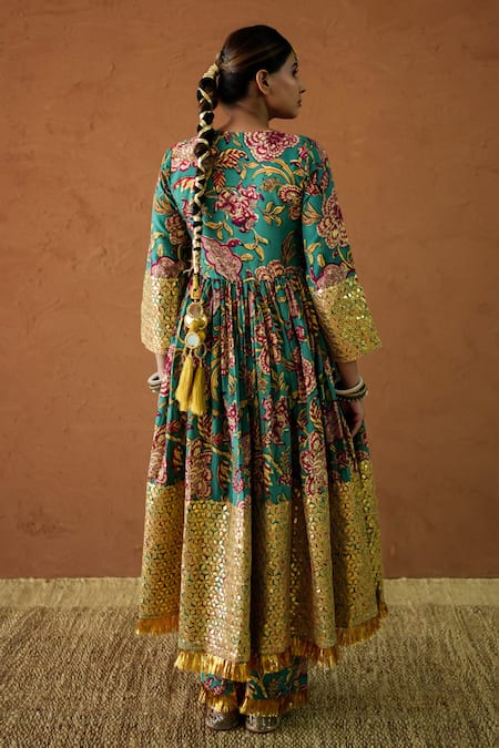 Shop Gulabo Jaipur Green Silk Mirrors, Tassels V-neck Budur Floral Print Anarkali And Pant Set at Aza Fashions Shop_Gulabo Jaipur_Green Silk Mirrors, Tassels V-neck Budur Floral Print Anarkali And Pant Set _at_Aza_Fashions