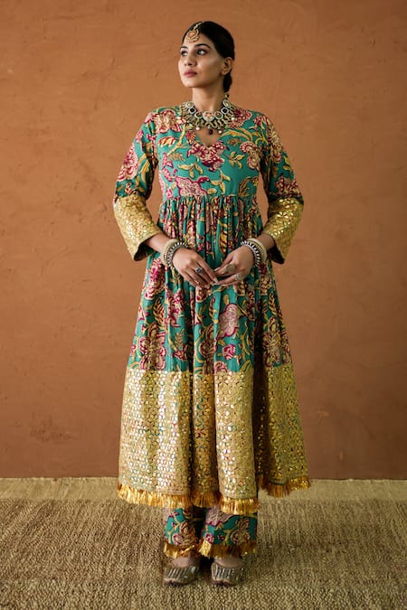 Shop Gulabo Jaipur Green Silk Mirrors, Tassels V-neck Budur Floral Print Anarkali And Pant Set Online at Aza Fashions Shop_Gulabo Jaipur_Green Silk Mirrors, Tassels V-neck Budur Floral Print Anarkali And Pant Set _Online_at_Aza_Fashions
