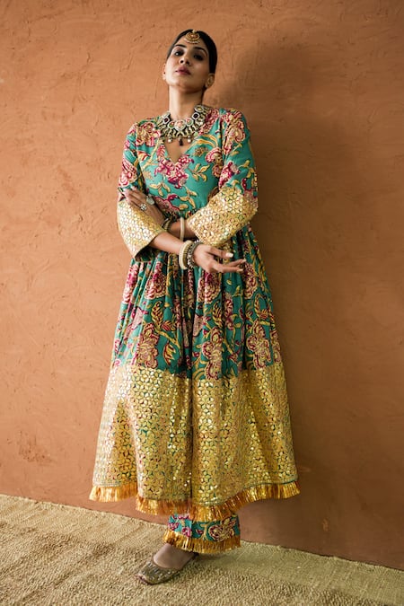 Gulabo Jaipur Green Silk Mirrors, Tassels V-neck Budur Floral Print Anarkali And Pant Set at Aza Fashions Gulabo Jaipur_Green Silk Mirrors, Tassels V-neck Budur Floral Print Anarkali And Pant Set _at_Aza_Fashions