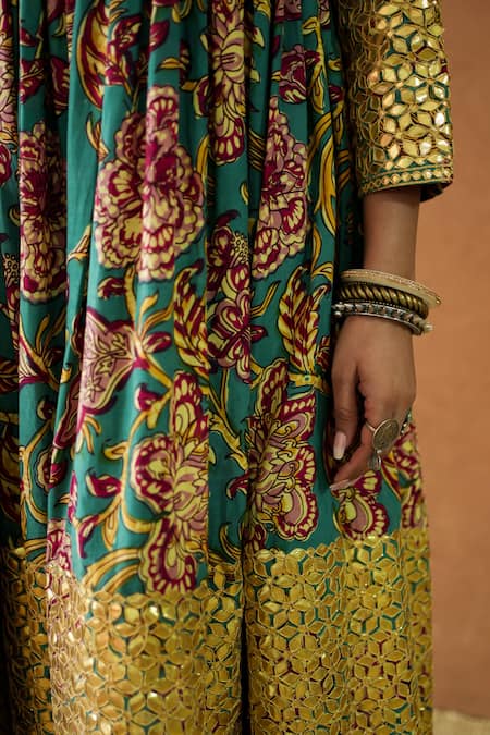 Buy Gulabo Jaipur Green Silk Mirrors, Tassels V-neck Budur Floral Print Anarkali And Pant Set Buy_Gulabo Jaipur_Green Silk Mirrors, Tassels V-neck Budur Floral Print Anarkali And Pant Set