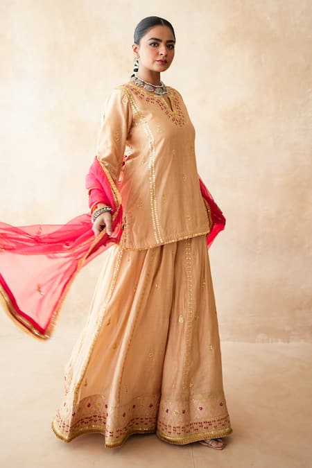 Buy Gulabo Jaipur Gold Silk Embroidery, Sequins Split V-neck Neena Hand Work Kurta And Sharara Set Online at Aza Fashions Buy_Gulabo Jaipur_Gold Silk Embroidery, Sequins Split V-neck Neena Hand Work Kurta And Sharara Set _Online_at_Aza_Fashions