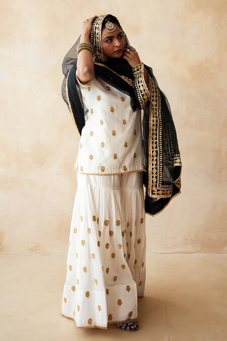 Shop_Gulabo Jaipur_Off White Silk, Organza Embroidery, Metallic Fursat Hand Work Kurta Sharara Set _Online_at_Aza_Fashions