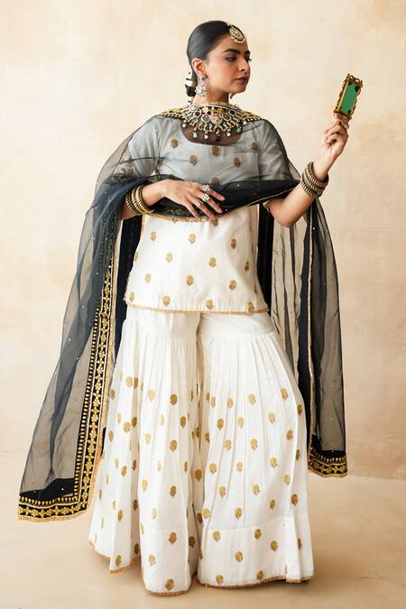 Buy_Gulabo Jaipur_Off White Silk, Organza Embroidery, Metallic Fursat Hand Work Kurta Sharara Set 