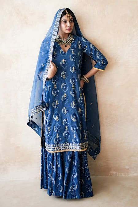 Gulabo Jaipur Blue Cotton, Cambric Embroidery, Zari, Nazia Hand Work Pattern Kurta Sharara Set Online at Aza Fashions Gulabo Jaipur_Blue Cotton, Cambric Embroidery, Zari, Nazia Hand Work Pattern Kurta Sharara Set _Online_at_Aza_Fashions