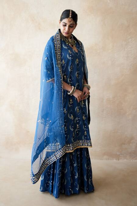 Shop Gulabo Jaipur Blue Cotton, Cambric Embroidery, Zari, Nazia Hand Work Pattern Kurta Sharara Set Online at Aza Fashions Shop_Gulabo Jaipur_Blue Cotton, Cambric Embroidery, Zari, Nazia Hand Work Pattern Kurta Sharara Set _Online_at_Aza_Fashions