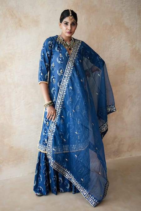 Gulabo Jaipur Blue Cotton, Cambric Embroidery, Zari, Nazia Hand Work Pattern Kurta Sharara Set at Aza Fashions Gulabo Jaipur_Blue Cotton, Cambric Embroidery, Zari, Nazia Hand Work Pattern Kurta Sharara Set _at_Aza_Fashions