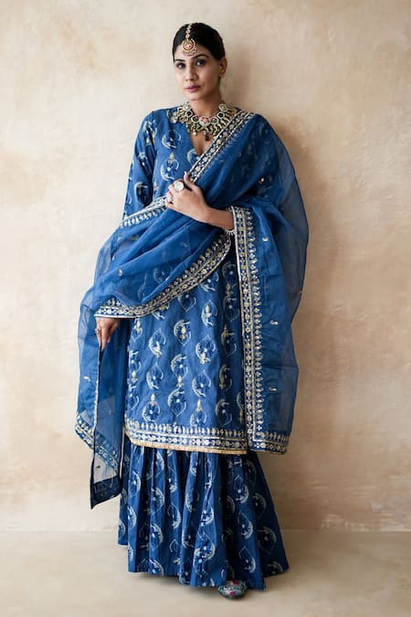 Gulabo Jaipur Blue Cotton, Cambric Embroidery, Zari, Nazia Hand Work Pattern Kurta Sharara Set 
