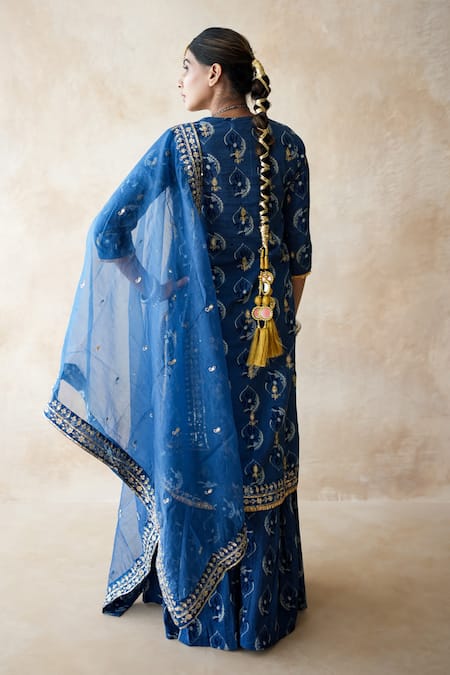 Shop Gulabo Jaipur Blue Cotton, Cambric Embroidery, Zari, Nazia Hand Work Pattern Kurta Sharara Set at Aza Fashions Shop_Gulabo Jaipur_Blue Cotton, Cambric Embroidery, Zari, Nazia Hand Work Pattern Kurta Sharara Set _at_Aza_Fashions