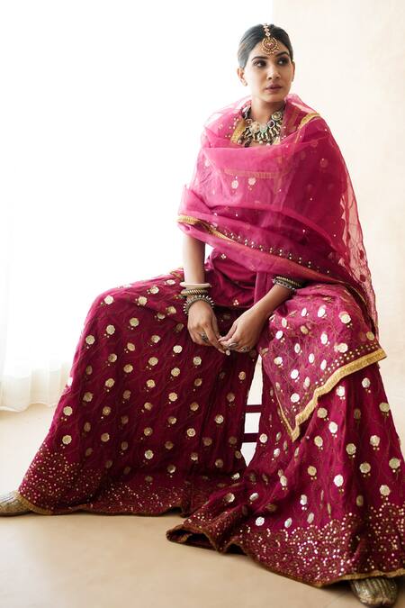 Shop Gulabo Jaipur Red Silk Embroidery, Sequins, Metallic Thread Round Masoom Hand Work Kurta Set Online at Aza Fashions Shop_Gulabo Jaipur_Red Silk Embroidery, Sequins, Metallic Thread Round Masoom Hand Work Kurta Set _Online_at_Aza_Fashions