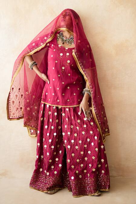 Gulabo Jaipur Red Silk Embroidery, Sequins, Metallic Thread Round Masoom Hand Work Kurta Set at Aza Fashions Gulabo Jaipur_Red Silk Embroidery, Sequins, Metallic Thread Round Masoom Hand Work Kurta Set _at_Aza_Fashions