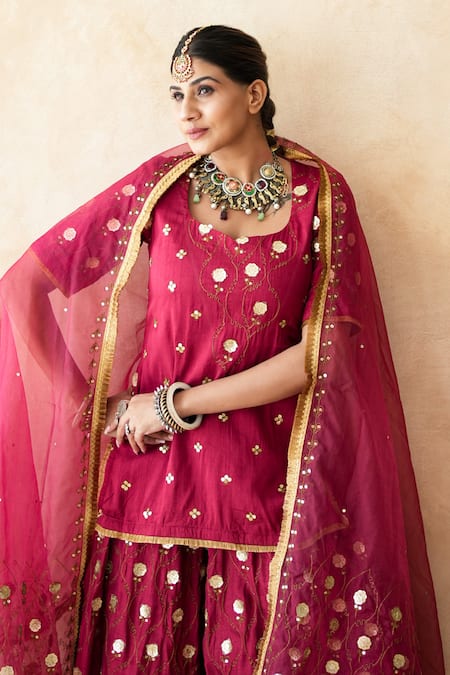 Shop Gulabo Jaipur Red Silk Embroidery, Sequins, Metallic Thread Round Masoom Hand Work Kurta Set Shop_Gulabo Jaipur_Red Silk Embroidery, Sequins, Metallic Thread Round Masoom Hand Work Kurta Set