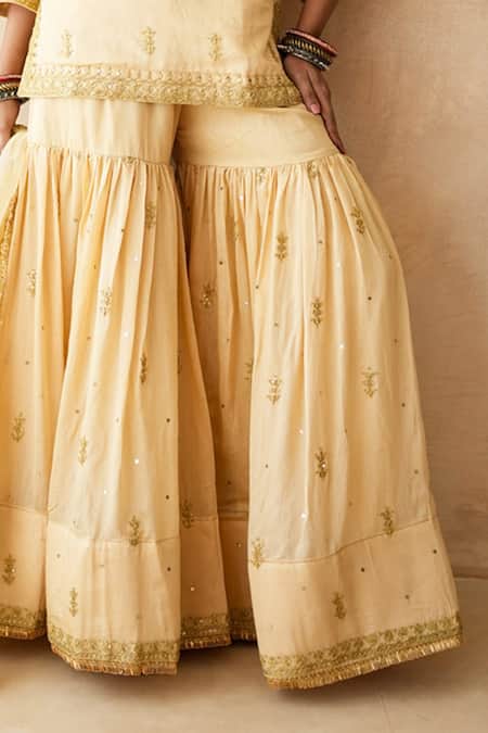 Shop Gulabo Jaipur Gold Silk, Organza Embroidery, Sequins V-neck Omaira Hand Work Kurta Set Online at Aza Fashions Shop_Gulabo Jaipur_Gold Silk, Organza Embroidery, Sequins V-neck Omaira Hand Work Kurta Set _Online_at_Aza_Fashions