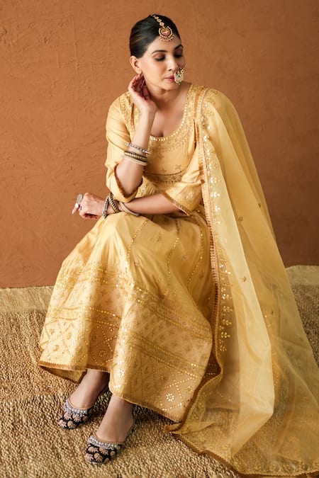 Shop Gulabo Jaipur Gold Silk Embroidery, Mirrors, Zari, Sequins, Shabana Hand Work Anarkali Set Online at Aza Fashions Shop_Gulabo Jaipur_Gold Silk Embroidery, Mirrors, Zari, Sequins, Shabana Hand Work Anarkali Set _Online_at_Aza_Fashions